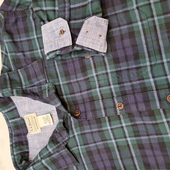 L.L. Bean Other - L.L. Bean Tartan Plaid Denim Flip Cuff Mens Casual Green Blue Flannel Shirt Sz L